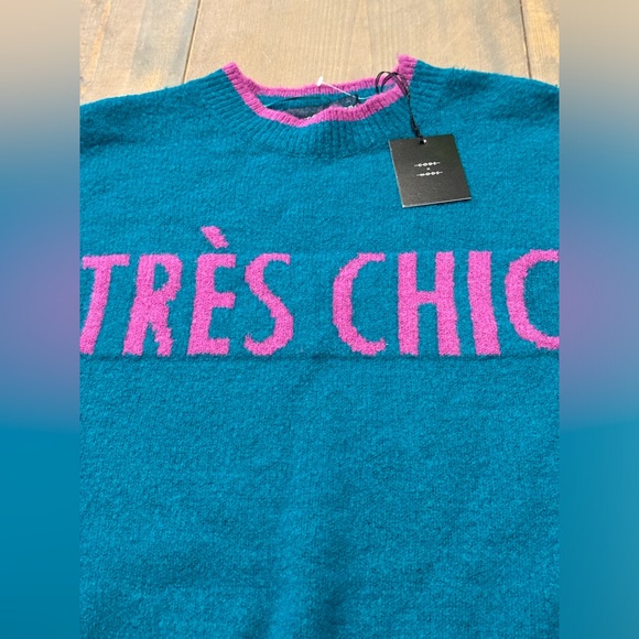 NWT Code X Mode Women’s Long Sleeve “Très Chic” Green Fuschia Trim Sweater Sz: S - Picture 3 of 10
